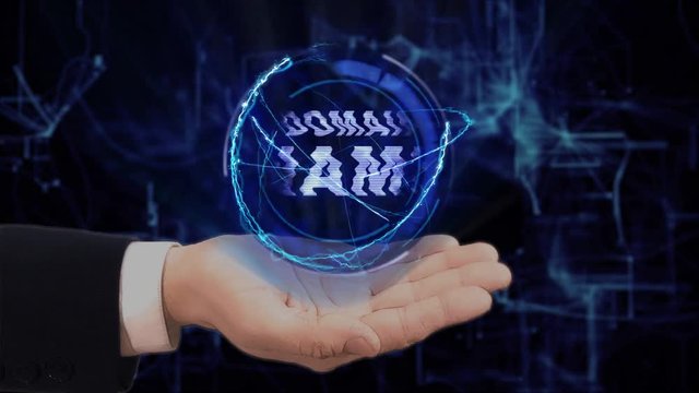 Painted hand shows concept hologram Domain name on his hand. Drawn man in business suit with future technology screen and modern cosmic background