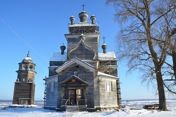 Church of the Transfiguration (Preobrazhenskaya) with bell tower, XVIII century in Turchasovo....