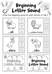 Clip cards matching game of beginning letter sound Y, Z for preschool kids activity worksheet in animals theme coloring printable version layout in A4.