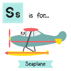 Letter S cute children colorful transportations ABC alphabet tracing flashcard of Seaplane for kids learning English vocabulary Vector Illustration.