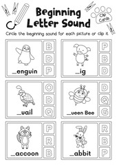 Clip cards matching game of beginning letter sound P, Q, R for preschool kids activity worksheet in animals theme coloring printable version layout in A4.