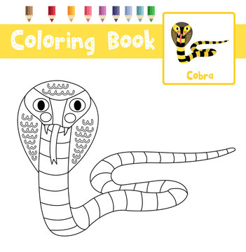 Coloring page of Cobra animals for preschool kids activity educational worksheet. Vector Illustration.