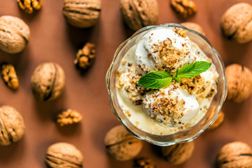 Vanilla ice cream in bowl and walnuts
