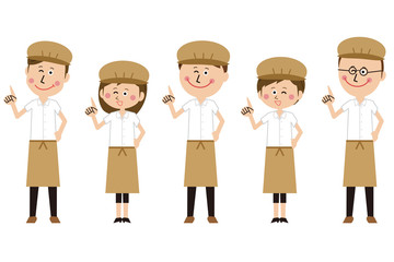 ポップなカフェ店員またはパン屋の男女　指さし