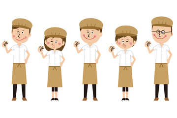 ポップなカフェ店員またはパン屋の男女　ガッツポーズ