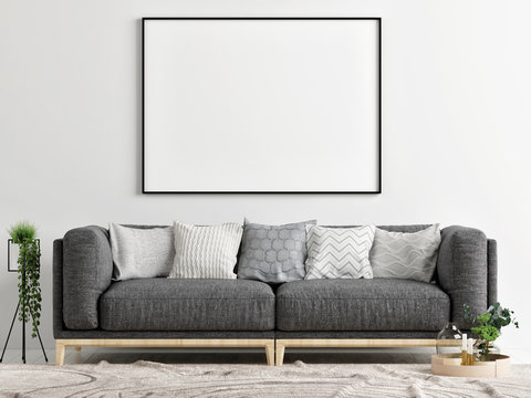 Gray sofa with mock up poster, Concept interior design, 3d render, 3d illustration