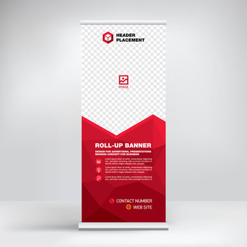 Banner roll-up vector, red graphic template for the exhibition stand, for the conference, accommodation advertising information and photos. Business concept, vector background