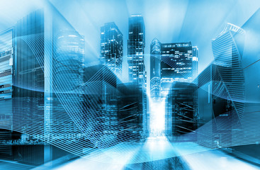 Urban innovation and information technology concept. Double exposure. Abstract blue digital city with power lines and data center Equipment.
