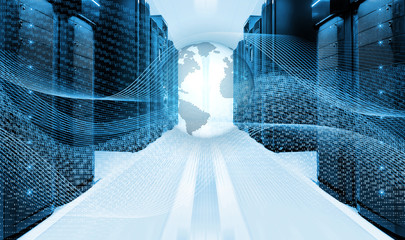 The concept of global communications, information technology, data centers, servers. power lines with binary code on the background of modern server room with hologram of planet earth.