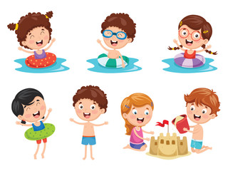 Vector Illustration Of Kids Playing At Beach and Sea