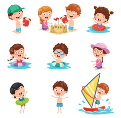 Vector Illustration Of Kids Playing At Beach and Sea