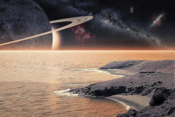 Alien planet with Moon, fantasy planet somewhere in the universe © Stockbym