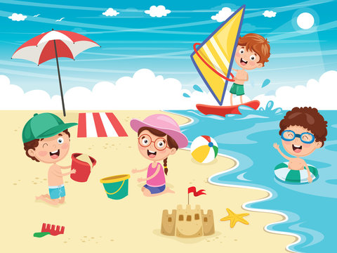 Vector Illustration Of Kids Playing At Beach and Sea