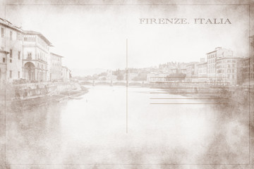 Postcard with a photograph of a view of the Arno River as it passes through Florence