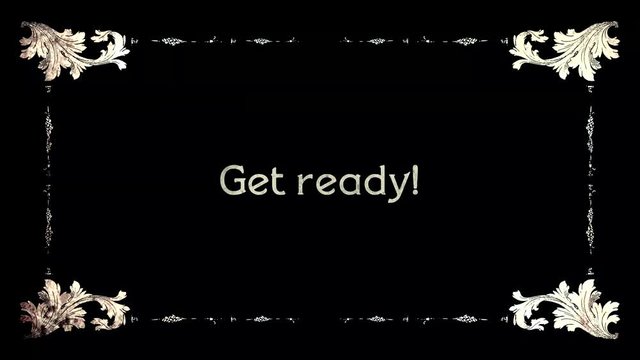 A re-created film frame from the silent movies era, showing intertitle text messages: Ready? (Variants Are you, Get).
