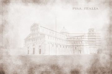 Postcard with a photograph of  the Tower and the Cathedral of Pisa