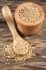 Mustard seeds in wooden bowl - Sinapis alba