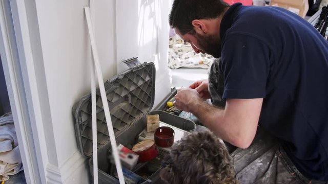 Workman With Pet Dog Choosing Tool From Toolbox