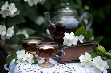 Obraz na płótnie Canvas Organic jasmine tea with fresh jasmine flowers