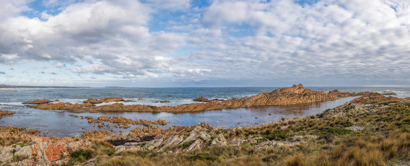 Fototapeta na wymiar Panoramic view of West Point State reserve beach and rugged coastline, Tasmania, Australia
