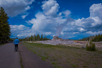 Unidentified man wearing a blue t-shirt and walking in the road, enjoying the view of old faithful Geyser Basin located in Yellowstone National Park, surrounded by vapor