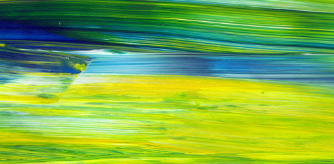 Abstract acrylic painting for use as background, texture, design element. Modern art in Mixed colours of green, blue, yellow.