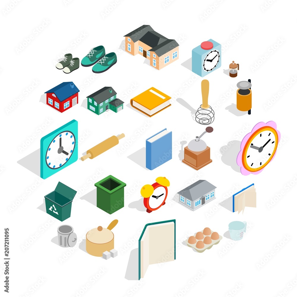 Poster home library icons set. isometric set of 25 home library vector icons for web isolated on white back