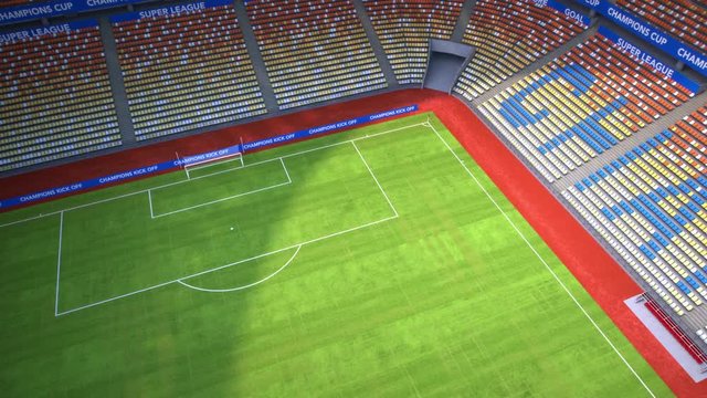 Camera flies into empty soccer / football stadium. Aerial view. Realistic high quality 3d animation.