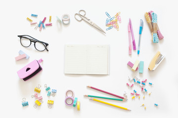 Flat lay stylish set. School stationery. Back to school concept. White background.