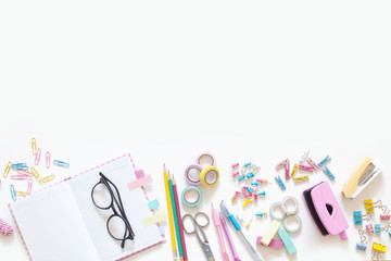 Flat lay stylish set. School stationery. Back to school concept. White background.