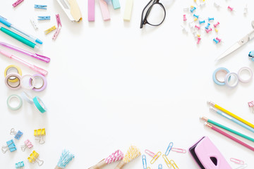 Flat lay stylish set. School stationery. Back to school concept. White background.