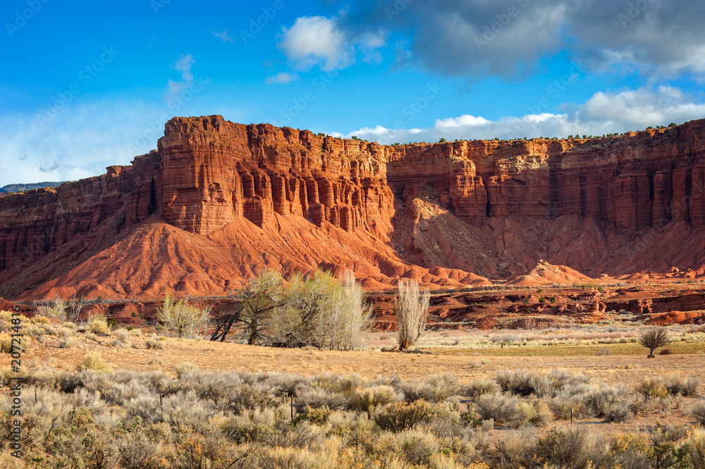 Wall mural american southwest desert landscape. classic eroded navaho sandstone bluffs and blue skies bring up 