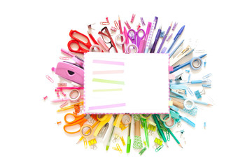 School stationery on blackboard framing. Flat lay, top view trendy back to school concept.