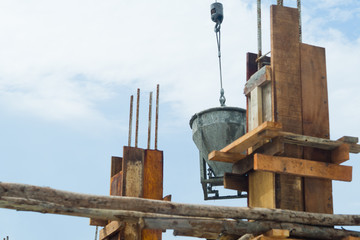 Fototapeta na wymiar building house, worker, construction irons for building, concrete and equipment