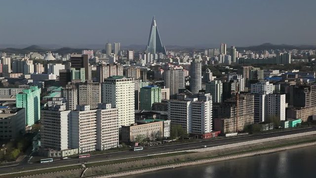  Pyongyang, elevated view of the city from the Yanggakdo International Hotel looking across the Taedong river, North Korea, DPRK, Asia