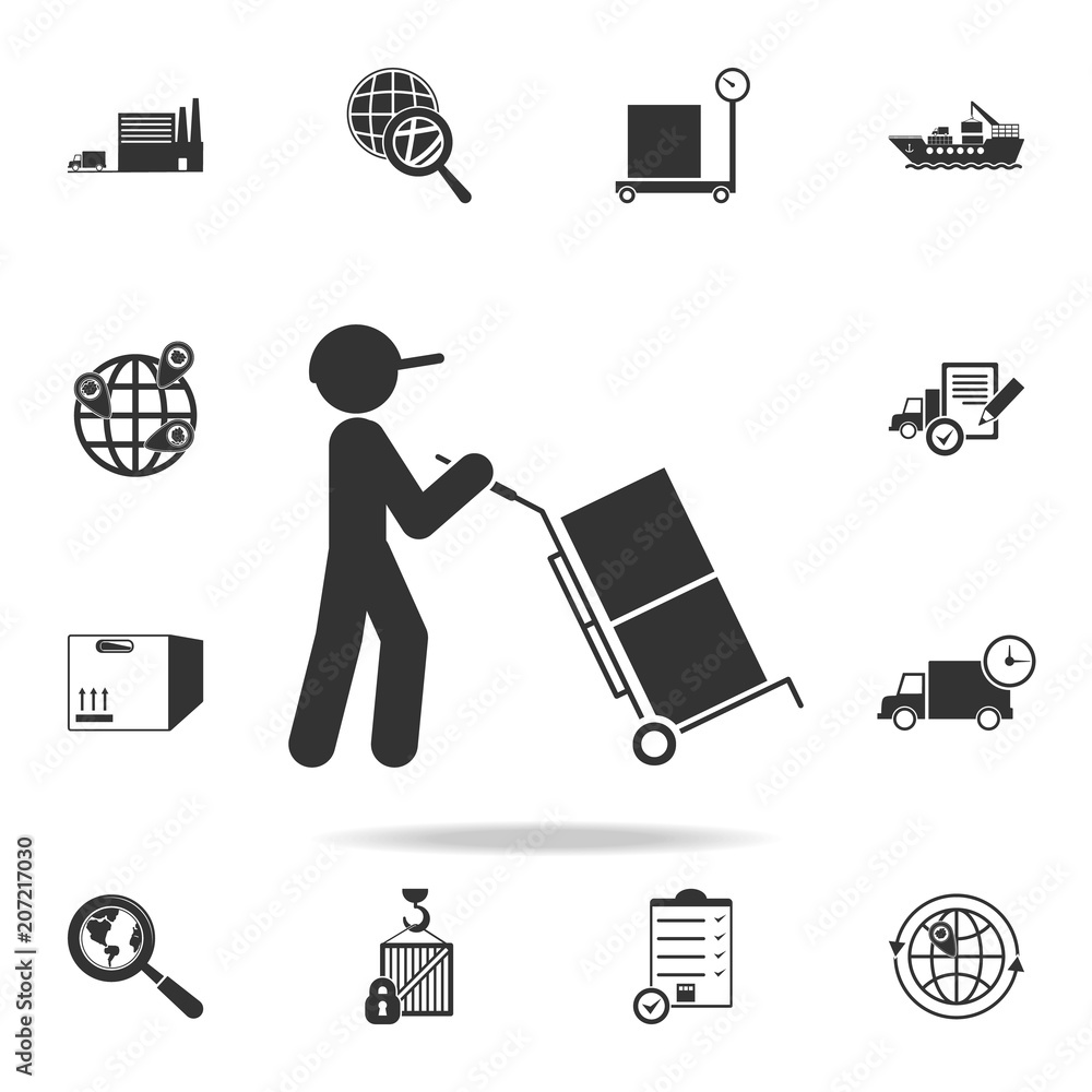 Poster man drives packing boxes in a cart icon. detailed set of logistic icons. premium graphic design. one