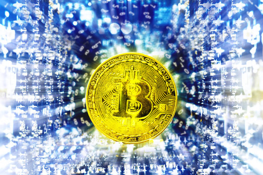 Golden bitcoin circuit board background,Mixed media