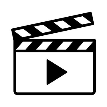 Movie clapperboard or film clapboard with play arrow line art vector icon for video apps and websites