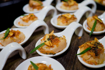 buffet food, catering food party at restaurant, mini canapes, snacks and appetizers, wedding celebration