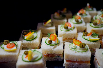 buffet food, catering food party at restaurant, mini canapes, snacks and appetizers, wedding celebration