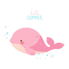 Fototapeta na wymiar Cute pink whale on white background