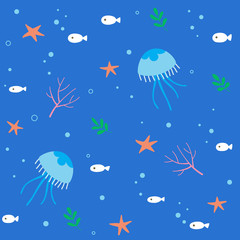 Seamless underwater pattern with sea animal on blue background