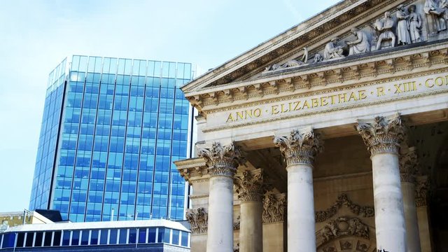 LONDON - MAY, 2017: The Royal Exchange building, foreground, and modern architecture, London, EC3 
