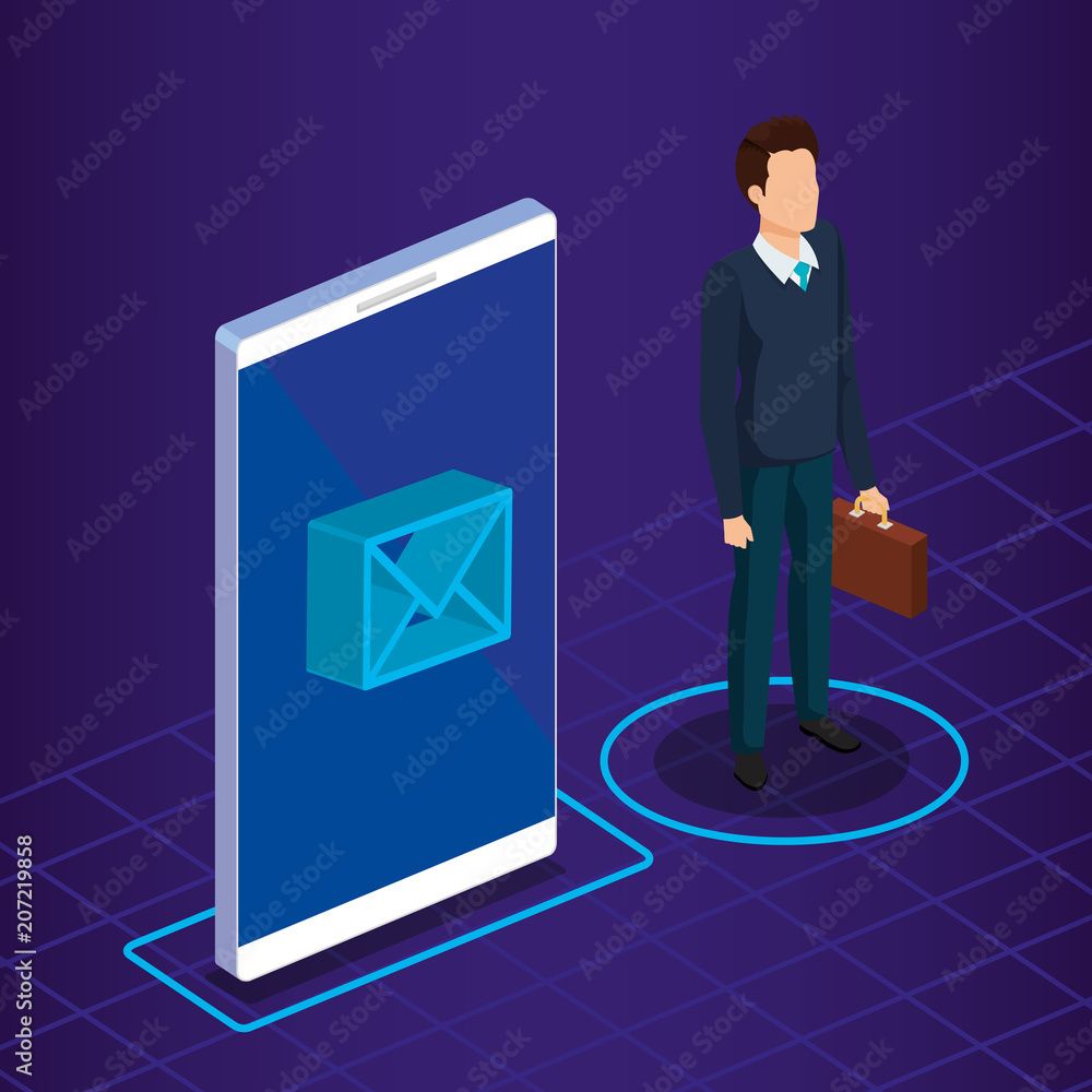Poster digital technology with business person isometric vector illustration design