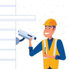 Security company employee with a screwdriver in a hand installs security camera on the building wall. Safety and surveillance concept. Vector flat design illustration on white background.