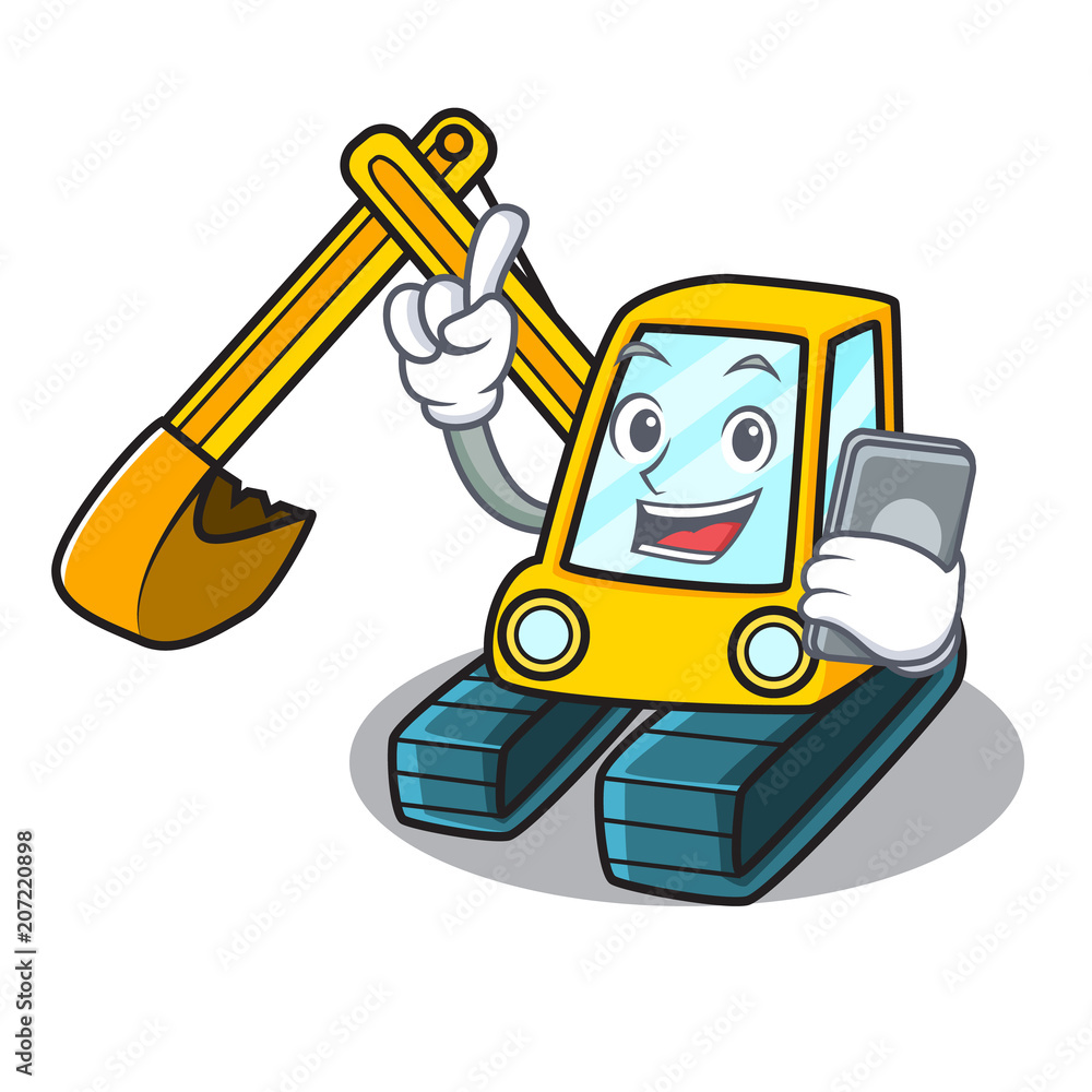 Wall mural with phone excavator character cartoon style