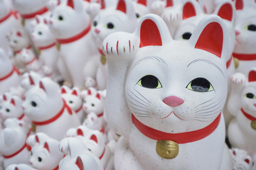 Maneki-neko lucky cats at Goutokuji Shrine, Tokyo, Japan