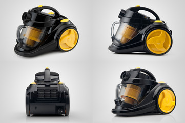full view of a modern household vacuum cleaner of black - yellow color on a white background. for copy space and cut out