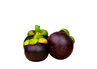 Whole mangosteen showing purple skin isolated on white background with space. Tropical fruit from Thailand. The queen of fruits. Asia fresh fruit market concept. Natural source of tannin and xanthones