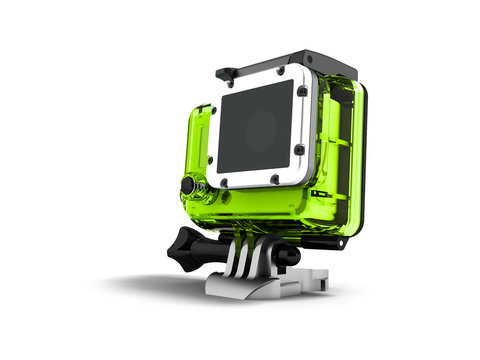 Action camera in a green helmet mount case 3d render on white background with shadow